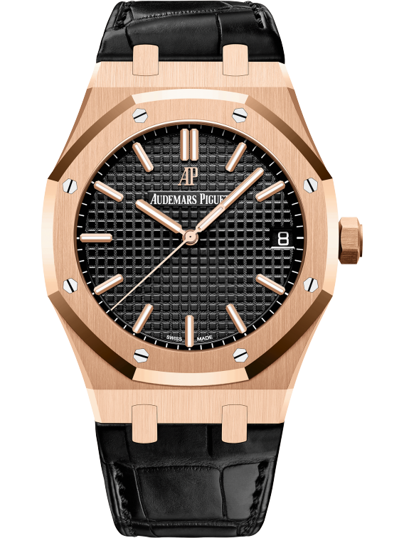 Royal Oak Selfwinding 41MM Black Alligator Strap Black Dial With Grande Tapisserie Pattern 18-Carat Pink Gold Case