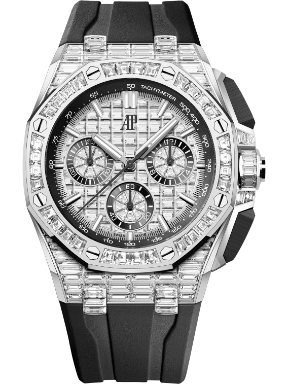 Royal Oak Offshore Selfwinding Chronograph 43MM Black Rubber Strap 18-Carat White Gold Dial Set With Baguette-Cut Diamond 18-Carat White Gold Case and Bezel Set With Baguette-Cut Diamonds