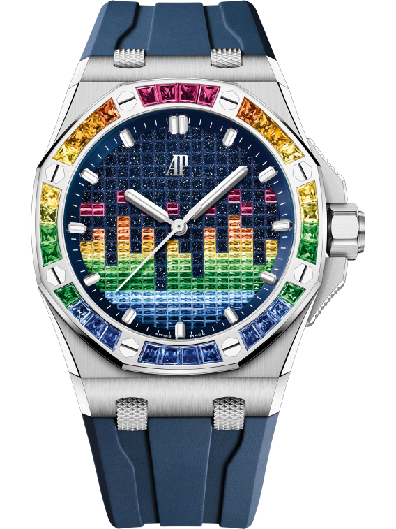 Royal Oak Offshore Selfwinding - Music Edition 43MM Blue Rubber Strap Blue Aventurine Dial With VU Meter Set With Gemstones 18-Carat White Gold Case Bezel Set With Red to Blue Baguette-Cut Gemstones