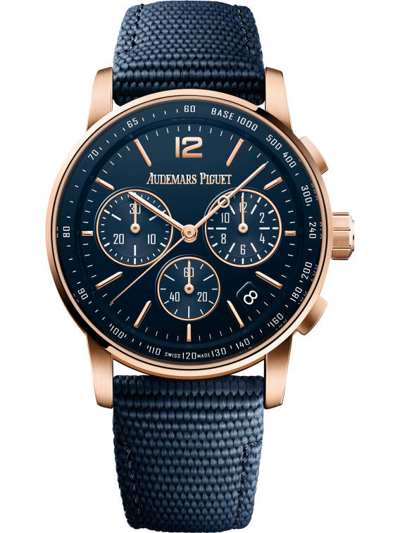 ﻿Code 11.59 by Audemars Piguet 41mm Blue Rubber-Coated Strap Lacquered Blue Dial 18-Carat Pink Gold Case